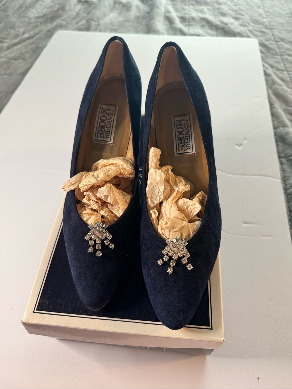 Jennifer Moore Navy Suede Pointed Toe Heels with Rhinestone Brooch